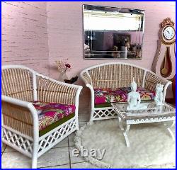 16 Dollhouse cane rattan living room set White Tropical Pink Barbie scale