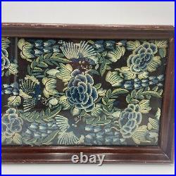 1900s Chinese Silk Forbidden Stitch Embroidery Wood Tray Blue White Bats Flowers