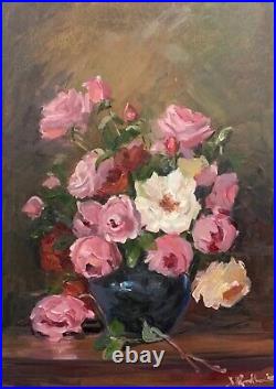 A3 size vintage floral art piece on board pink and white roses in a blue vase