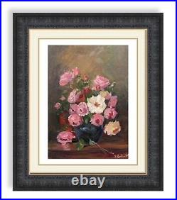 A3 size vintage floral art piece on board pink and white roses in a blue vase