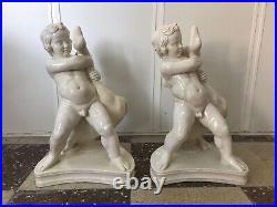 A Rare Life-Size 19th Century Pair of Boy with Goose Sculptures, Earthenware