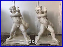 A Rare Life-Size 19th Century Pair of Boy with Goose Sculptures, Earthenware