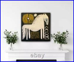 Abstract Original Oil Painting On 40x40cm Canvas Aboriginal Chalk White Horse