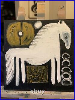 Abstract Original Oil Painting On 40x40cm Canvas Aboriginal Chalk White Horse