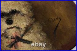Antique Cute White Dog Oil Painting on Artist Palette. Folk Art Signed. C1900