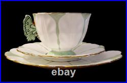 Art Deco Butterfly Handle Ansley RARE Green & White Trio Tea Set Excellent