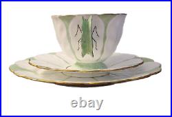 Art Deco Butterfly Handle Ansley RARE Green & White Trio Tea Set Excellent