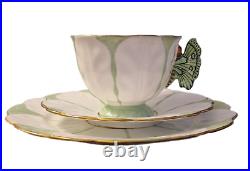 Art Deco Butterfly Handle Ansley RARE Green & White Trio Tea Set Excellent