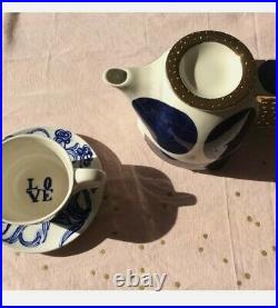 Artist Bridget Bodenham Anthropologie blue white gold spotty teapot delft