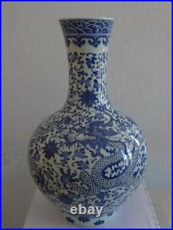 Artist Made Blue & White Floral & Dragon Design Porcelain Vase 17h x 10w