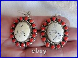 Artist Signed Navajo White Buffalo Turquoise Coral Cab Dangle Sterling Earrings