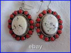 Artist Signed Navajo White Buffalo Turquoise Coral Cab Dangle Sterling Earrings