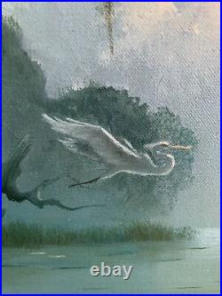 Artist signed Southern Landscape oil painting egret white heron bird Florida