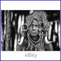 Black & White Indigenous Art Ethiopian Woman Photo Mursi Headdress Decor Acrylic