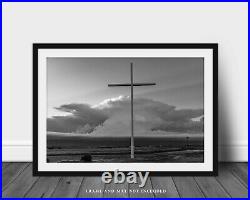 Black and White Spiritual Photography Print of Cross and Storm in Oklahoma