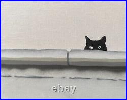 Black cat original oil painting on canvas, black and white, cute, framed 10x8