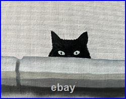 Black cat original oil painting on canvas, black and white, cute, framed 10x8