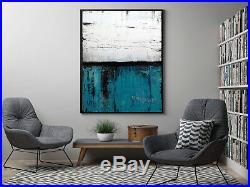 Blue Abstract Painting on Canvas, Orange Black and White, Original ART