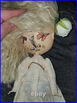 Blythe Doll Custom OOAK Girl Doll With White Wavy Hair In White Dress