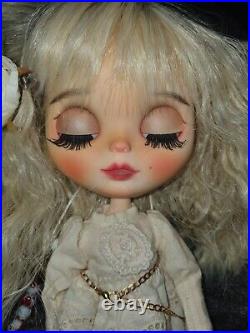 Blythe Doll Custom OOAK Girl Doll With White Wavy Hair In White Dress