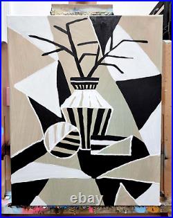 CORBELLIC Cubism Vase 16x20 Black White Tree Original Oil CONTEMPORARY Wall Art