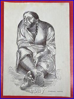 Charles White (Handmade) Charcoal on old paper Painting Drawing signed & stamped