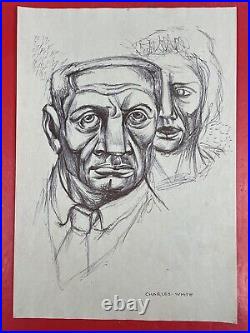 Charles White (Handmade) Charcoal on old paper Painting Drawing signed & stamped