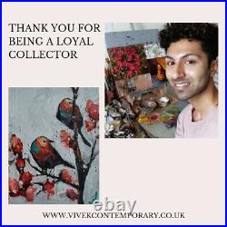 Chickadee Oil Painting Impressionism Collectible 8x8 Vivek Mandalia Signed Coa
