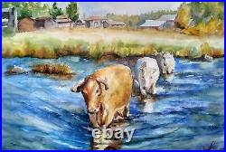 Cows Original watercolor painting Landscape White red cows Ukrainian art