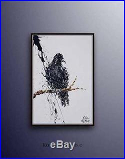 Crow 40 painting, animal art, raven bird oil on canvas, black and white colors