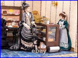 Dollhouse Miniatures Decorated Bakery with 4 Handmade Porcelain Dolls Having Tea