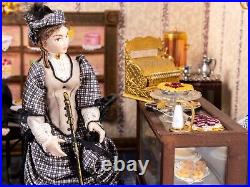 Dollhouse Miniatures Decorated Bakery with 4 Handmade Porcelain Dolls Having Tea