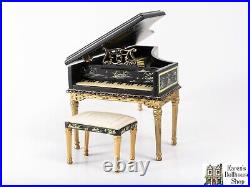 Dollhouse Miniatures HanaMini Painted Black & Gold Harpsichord with Bench