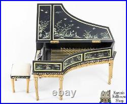 Dollhouse Miniatures HanaMini Painted Black & Gold Harpsichord with Bench