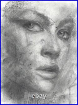 ELISABETH Female Portrait Study Original Chalk Charcoal Drawing ABSTRACT REALISM