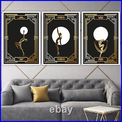 FRAMED ART Deco women GOLD EFFECT Posters Art Print 2 Set Of 3
