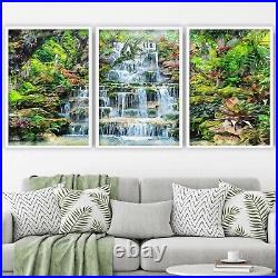 FRAMED Waterfall Oasis Sketch Forest Botanical Wall Art Picture Poster Set Of 3