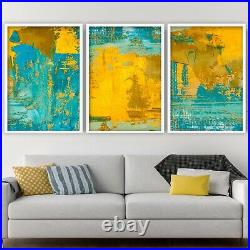 Framed ABSTRACT Yellow Blue Textured Contemporary Wall Art Print Gift Set Of 3