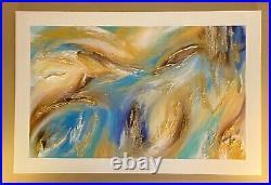 HUGE ABSTRACT PAINTING ORIGINAL TEXTURED CANVAS beige white blue metallic gold