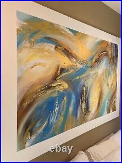 HUGE ABSTRACT PAINTING ORIGINAL TEXTURED CANVAS beige white blue metallic gold