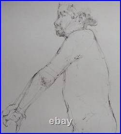 Hand Drawn Pencil Life Drawing Male Nude Standing Pose on Ivory White Medium