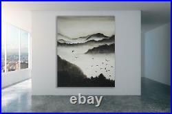 Huge Original Modern Zen Painting Canvas Texture Birds Black White Grey Anya