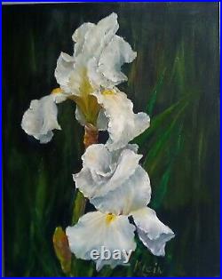 INCREDIBLE WHITE IRISES New 11x14 Oil Painting Original Canvas by Artist Klein