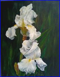 INCREDIBLE WHITE IRISES New 11x14 Oil Painting Original Canvas by Artist Klein