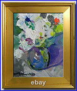 JOSE TRUJILLO FRAMED Oil Painting IMPRESSIONISM WHITE FLOWERS BOUQUET VASE COA