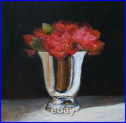 J Smith Still Life Impressionist Flower & Silver Vase original oil painting