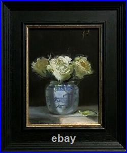 Jackie Smith Still Life White Roses Flowers original art oil framed painting