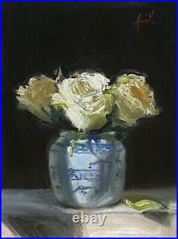 Jackie Smith Still Life White Roses Flowers original art oil framed painting