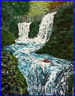Kayaking White Water Rapids, Waterfall Adventure, Original Landscape Painting