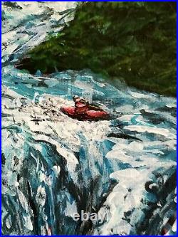 Kayaking White Water Rapids, Waterfall Adventure, Original Landscape Painting